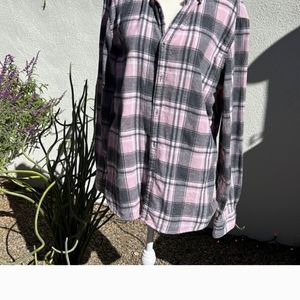 Denim And Flower Button Down Pink And Gray Plaid Shirt